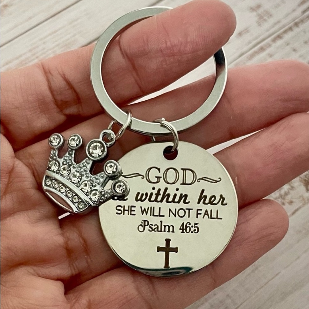 Inspirational Bible Verse Psalm 46:5 Keychain with Crown Charm